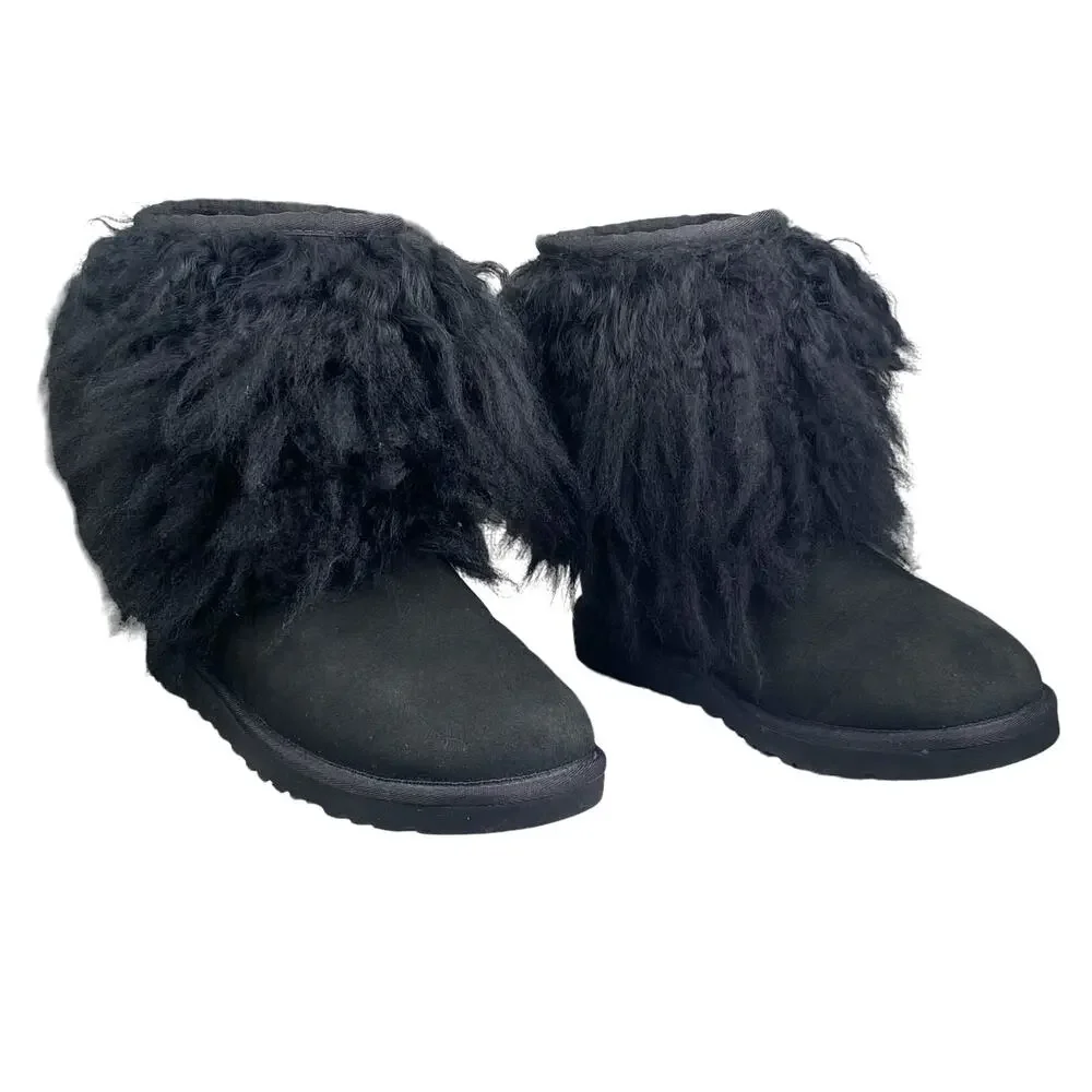 UGG Lida Mongolian Black Suede Shearling Fur Cuff Classic Boot Size US 6